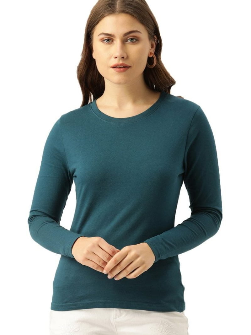 Women's Petrol Full Sleeve Round Neck Plain T-Shirt