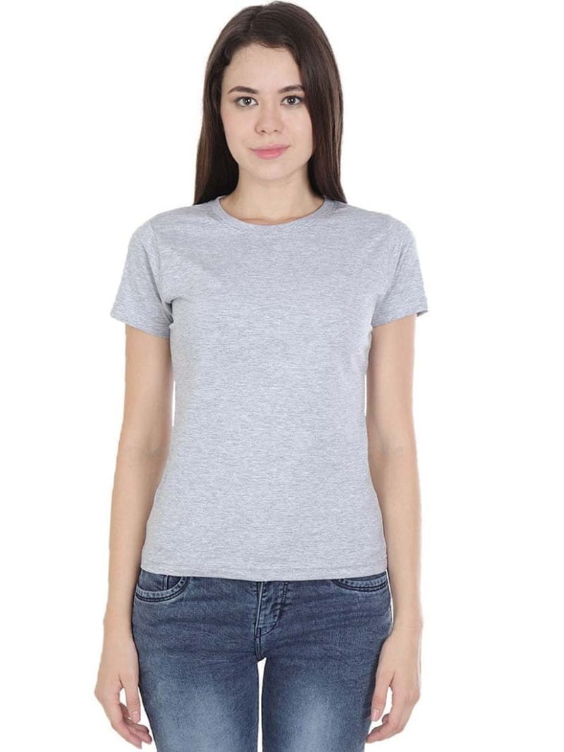 Women's Grey Melange Half Sleeve Round Neck Plain T-Shirt